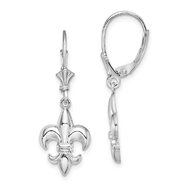 Stapled design earrings-Diamond2Deal 14K White Gold Small Fleur-de-Lis Dangle Earrings (L- 33 mm, W- 11.5 mm)