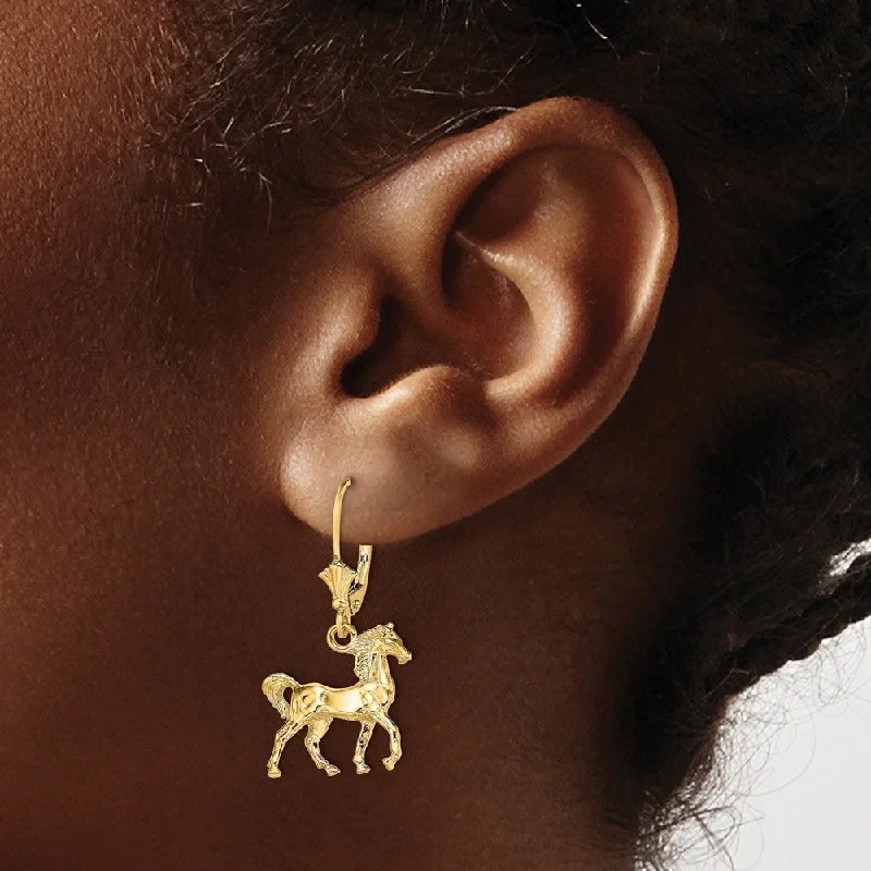 Tattered rim earrings-Diamond2Deal 14K Yellow Gold 3-D and Horse Earrings with Leverback (L-31.2 mm, W-15.8 mm)