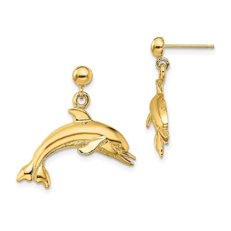 Poppy sprout earrings-Diamond2Deal 14K Yellow Gold Jumping Dolphin Dangle Earrings (L- 0.92 Inch, W-0.96 Inch)