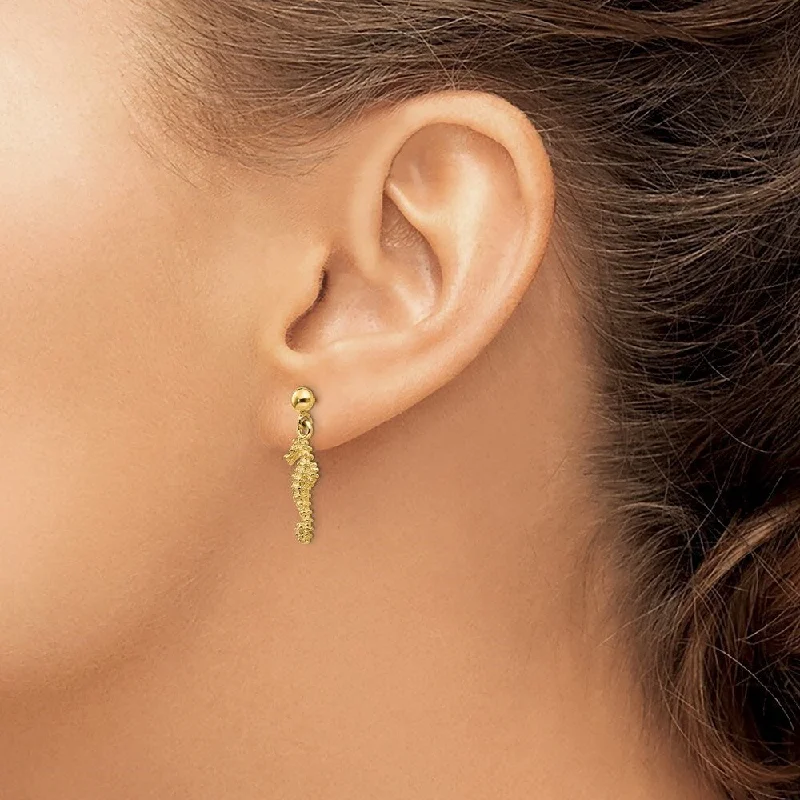 Micro gem earrings-Diamond2Deal 14K Yellow Gold Sea Horse Dangle Earring, (L-24 mm, W-8 mm)