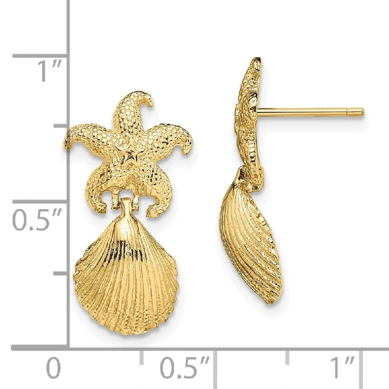 Quartz grit earrings-Diamond2Deal 14K Yellow Gold Starfish and Scallop Shell Dangle Earrings (L-21.9 mm, W-11.4 mm)