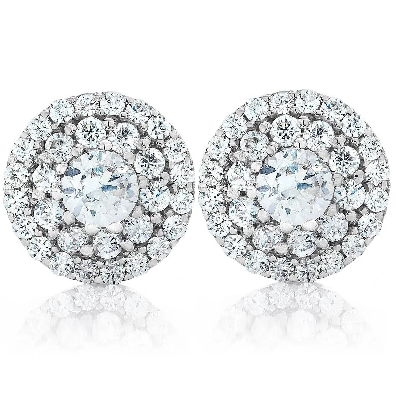 Jute cord earrings-Double Halo Diamond Screw Back Studs 1/2 Carat TW White Gold