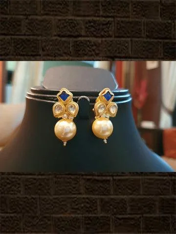 Etruscan gold earrings-Blue stone and kundan flower with pearl drop