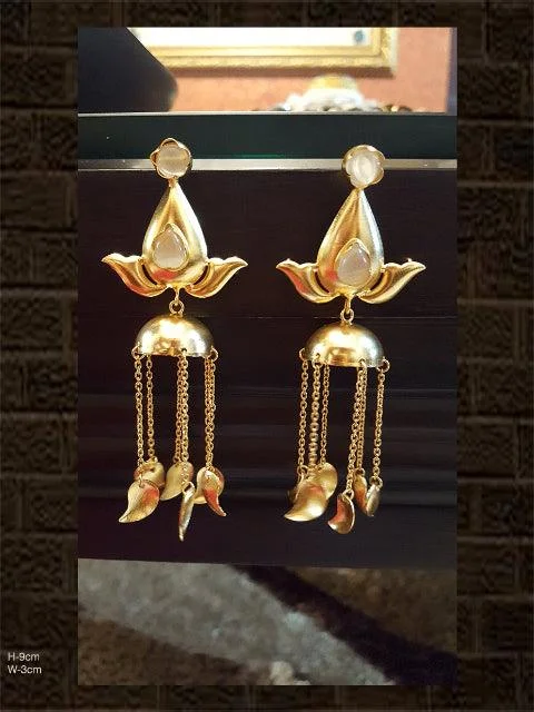 Lily bud earrings-Light weight white stone jhoomki with hanging leaves