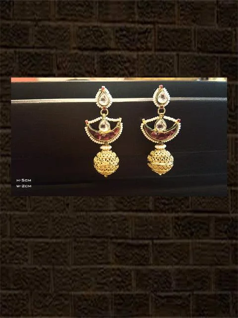 Etruscan gold earrings-Ruby coloured chand with intricate ball earring