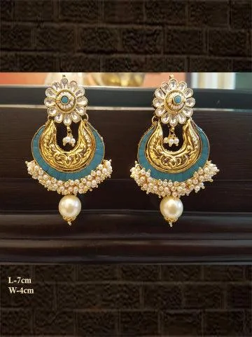 Bronze cast earrings-Patra design ferozi kundan earring with pearl drop