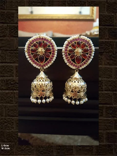 Hazel agate earrings-Intricate work red stone jhoomki with beads