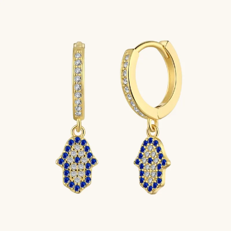 Shale fleck earrings-Gold Dangling Hamsa Mini Hoops