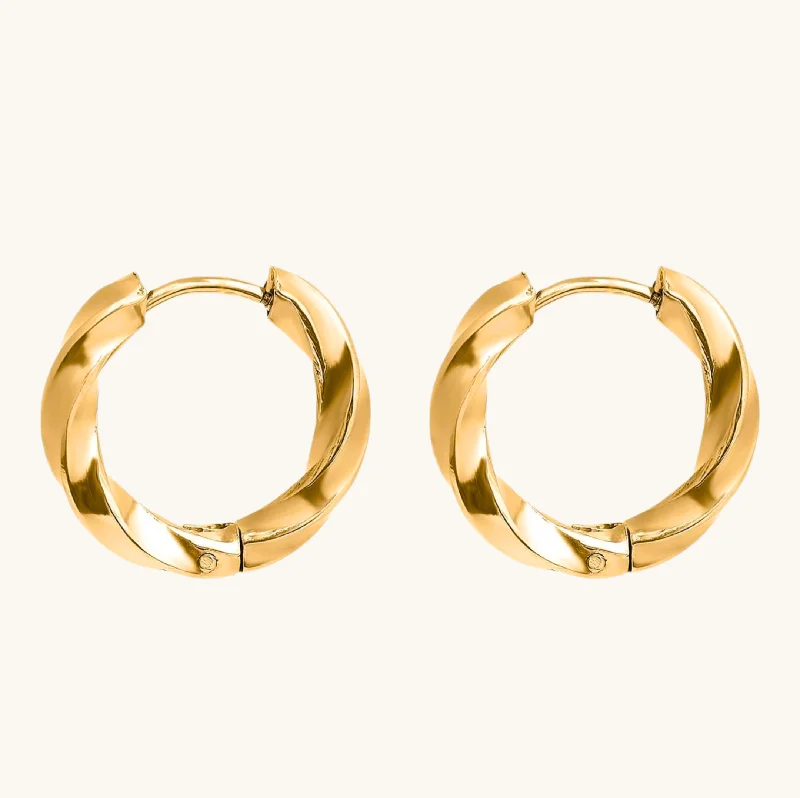 Flat bezel earrings-Gold Twisted Small Hoops