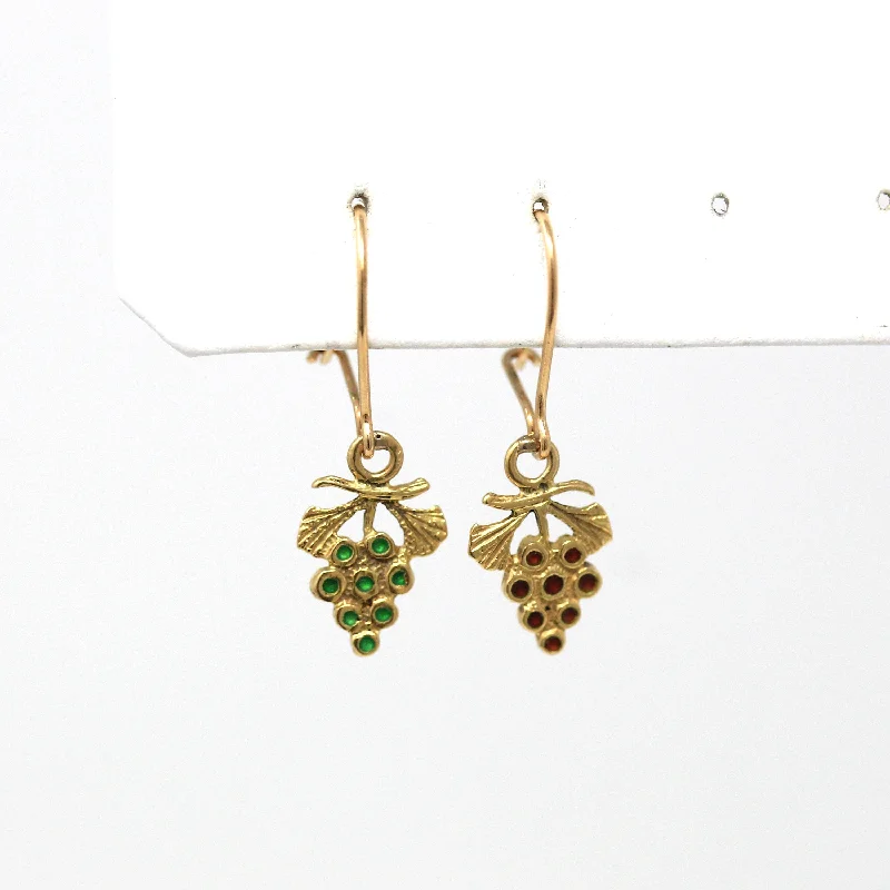 Tribal mark earrings-Sale - Grape Cluster Earrings - Modern 18k Yellow Gold Green Red Enamel Dangle Drop - Estate Circa 2000's Era Vine Leaf Berries Wine Jewelry