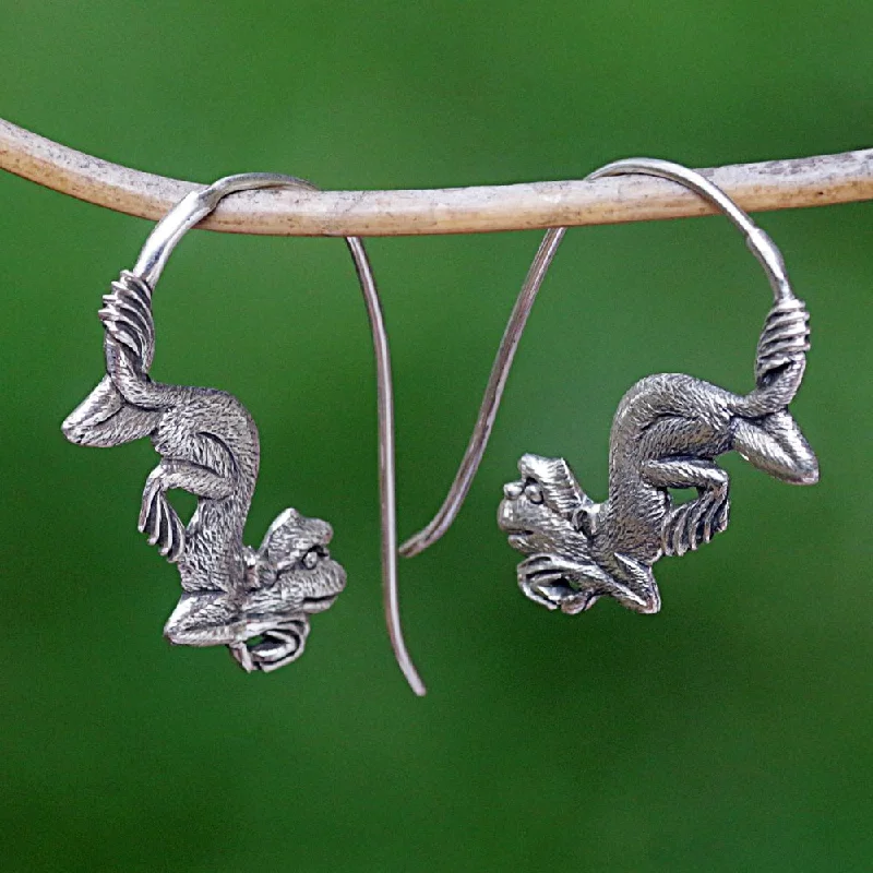 Natural gem earrings-Handcrafted Sterling Silver 'Reposing Monkey' Earrings (Indonesia) - 1.2