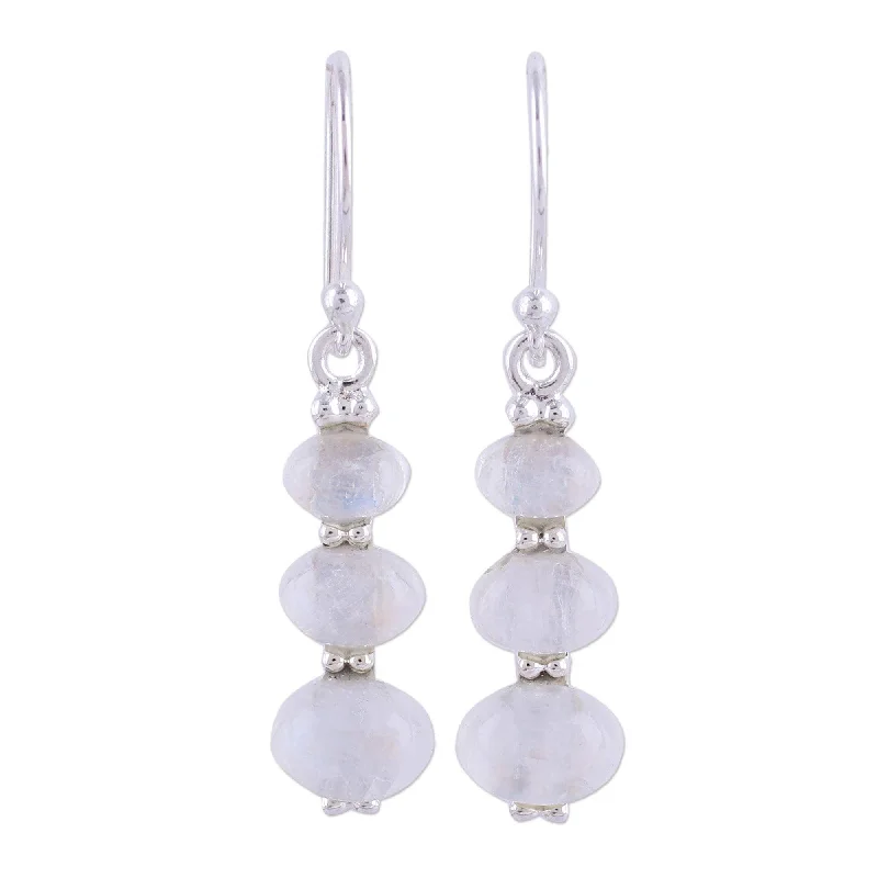 Brook pebble earrings-Handmade Natural Ellipses Rainbow Moonstone Earrings (India) - 1.5*0.3