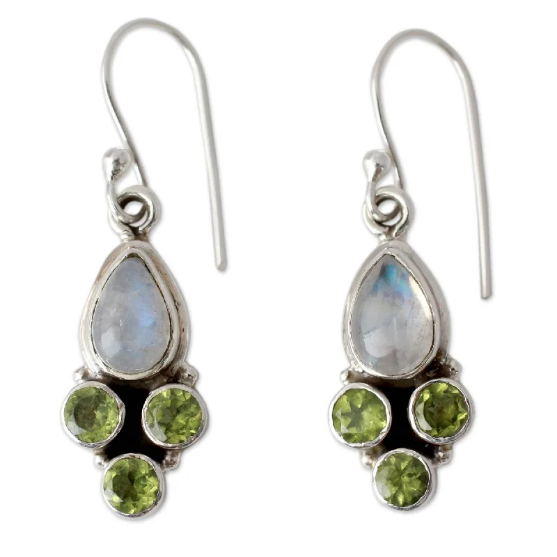 Fused grain earrings-Handmade Rainbow Moonstone and Peridot Dangle Earrings, 'Moonlit Meadow' (India) - 1.5*0.4