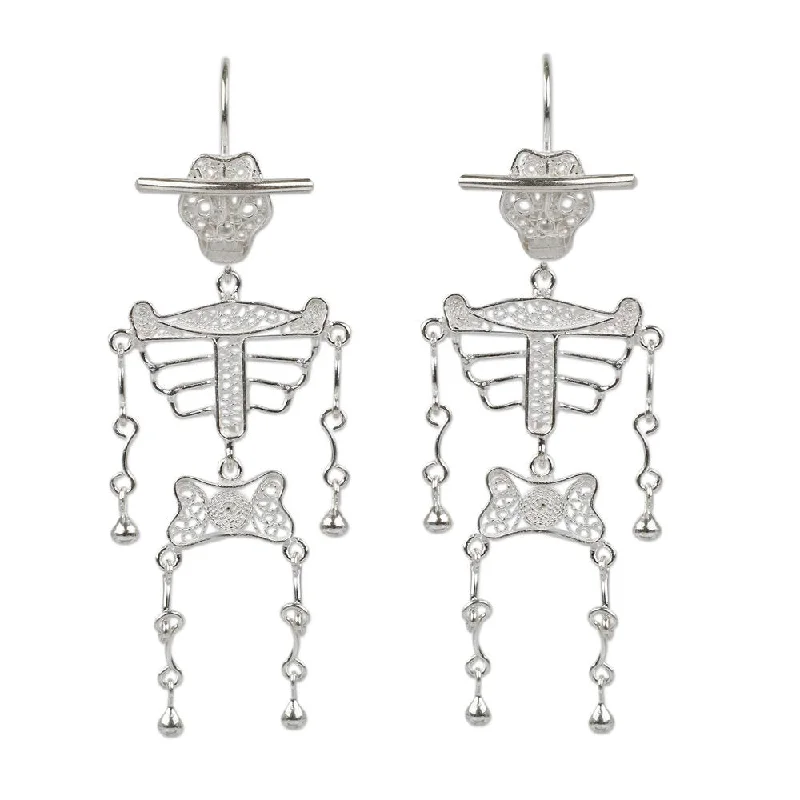 Locked band earrings-Handmade Silver 'Dancing Skeleton' Filigree Earrings (Peru)