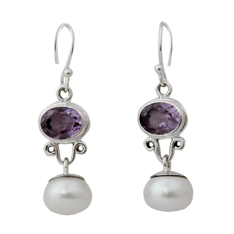 Flicker spark earrings-Handmade Silver 'Dazzling Delhi' Pearl Amethyst Earrings (9 mm) (India) - 1.6L*0.4W