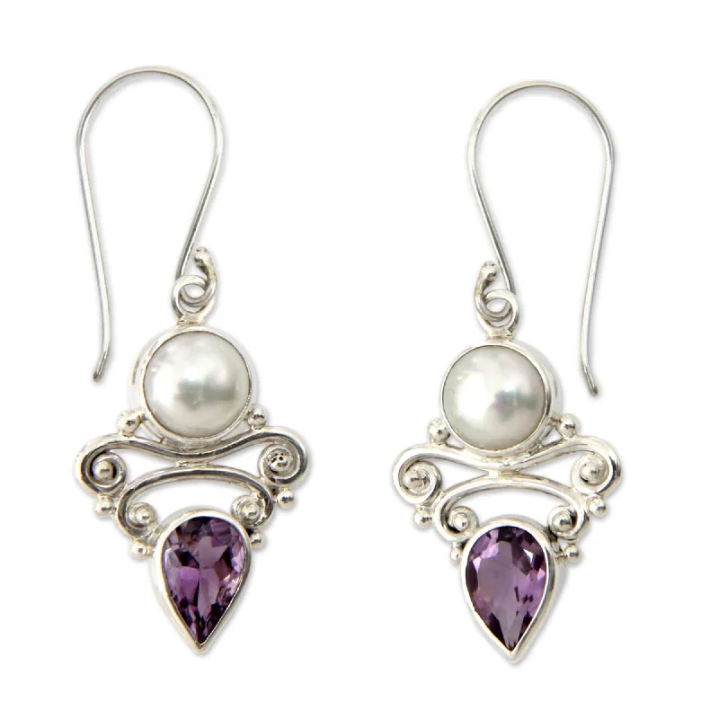 Plaid band earrings-Handmade Silver 'Guardian Moon' Pearl Amethyst Earrings (8.5 mm) (Indonesia)