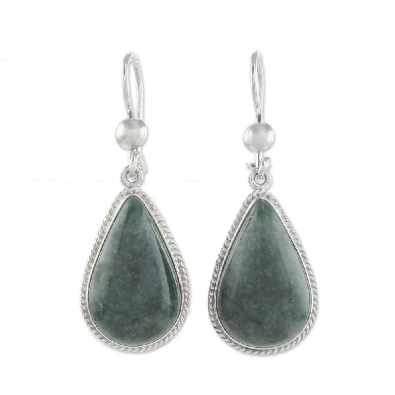 Lattice grid earrings-Handmade Sterling Silver 'Dark Green Sacred Quetzal' Jade Earrings (Guatemala) - 1.7 " L x 0.6" W x 0.2 " D