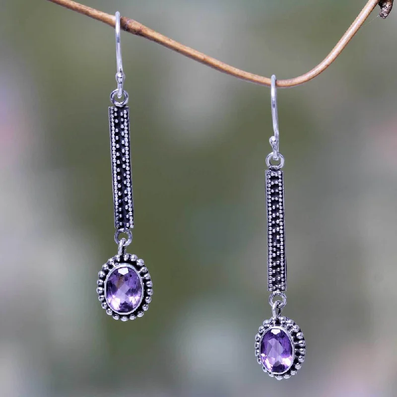 Streaked stone earrings-Handmade Sterling Silver 'Falling Raindrops' Amethyst Earrings (Indonesia)