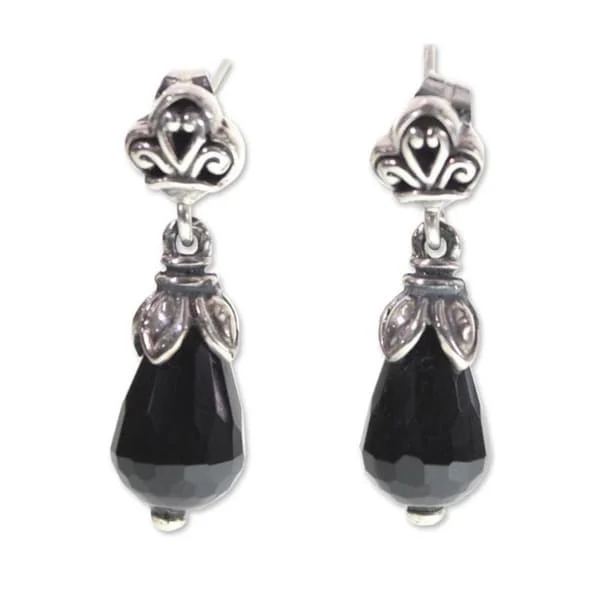 Flowing edge earrings-Handmade Sterling Silver 'Floral Celebration' Onyx Earrings (Indonesia)