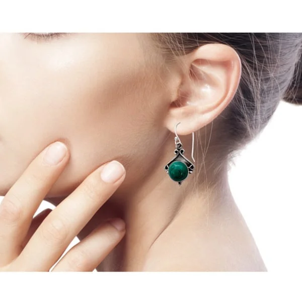 Jet black earrings-Handmade Sterling Silver 'Forest Charm' Malachite Earrings (India)