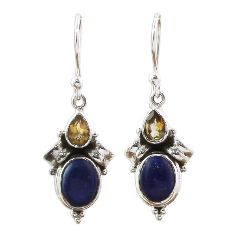 Turning gem earrings-Handmade Sterling Silver Indian Fog Citrine Lapis Lazuli Earrings (India) - 1.6*0.6