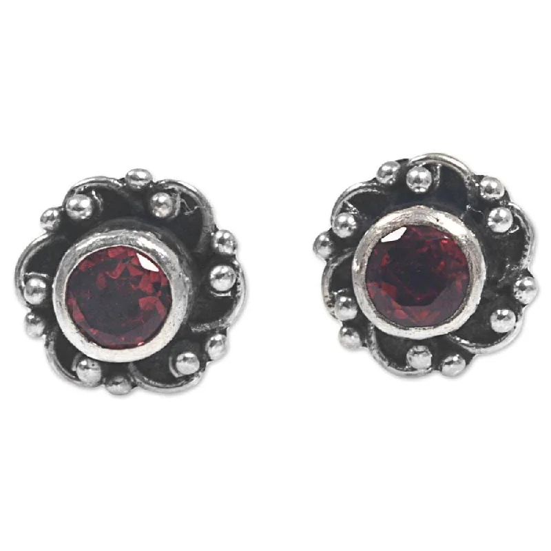 Steel toned earrings-Handmade Sterling Silver 'Little Happiness in Red' Garnet Earrings (Indonesia) - 0.3L*0.3W