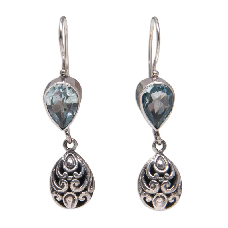 Wavy hoop earrings-Handmade Sterling Silver Lotus Bud Blue Topaz Earrings (Indonesia)