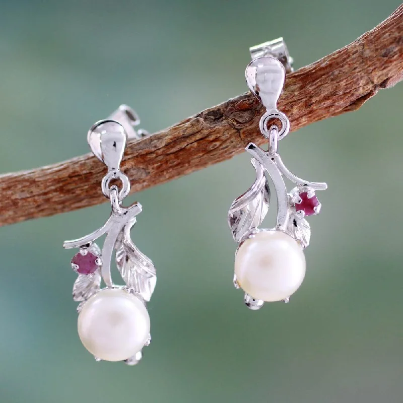 Ruffled edge earrings-Handmade Sterling Silver 'Nature's Gift' Cultured Pearl Ruby Earrings (7 mm) (India) - 1.2*0.4