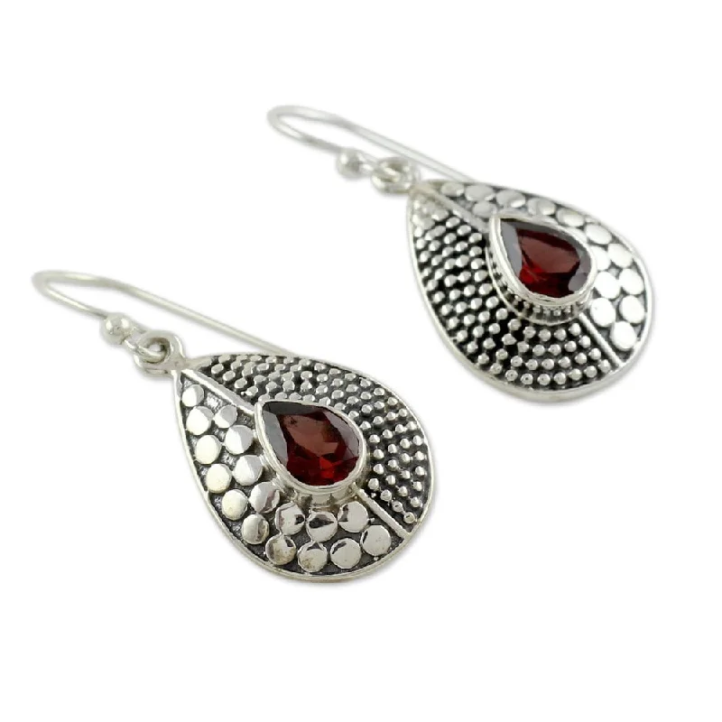 Textured bar earrings-Handmade Sterling Silver 'Scarlet Fusion' Garnet Earrings (India)