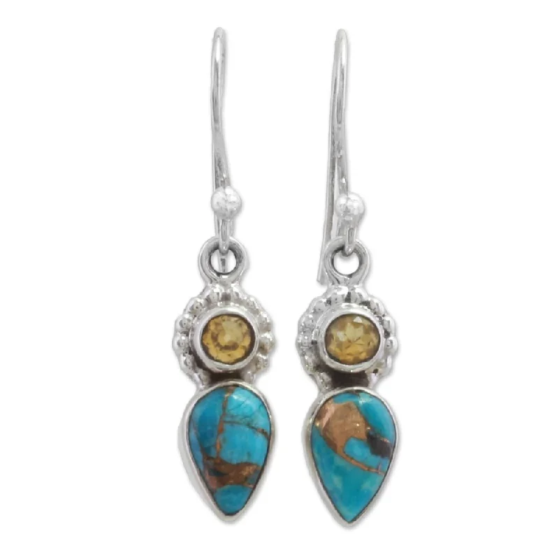 Edwardian flair earrings-Handmade Sterling Silver 'Watery Allure' Citrine Turquoise Earrings (India) - 1.4*0.3