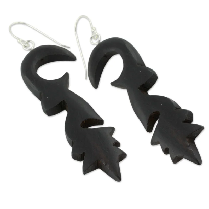 Jute cord earrings-Handmade Sterling Silver 'Wild Flowers' Ebony Flower Earrings (India)