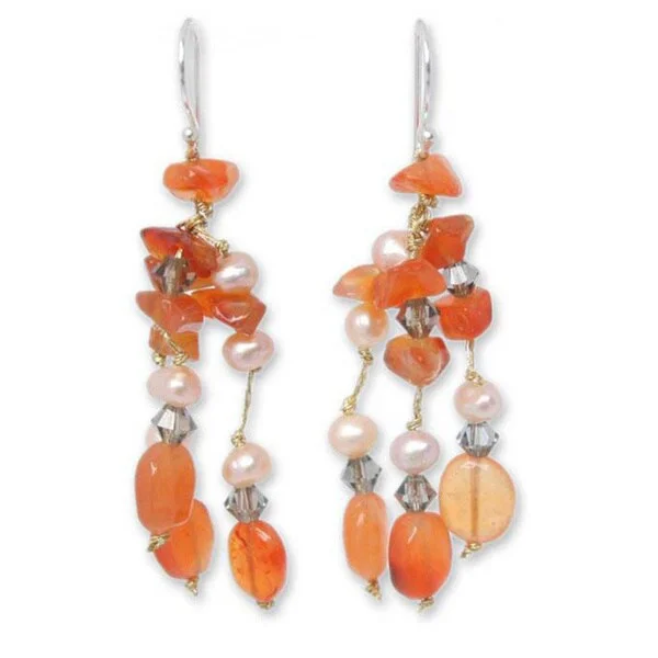 Steel toned earrings-Handmade 'Tangerine Ice' Freshwater Pearl Carnelian Earrings (4 mm) (Thailand)