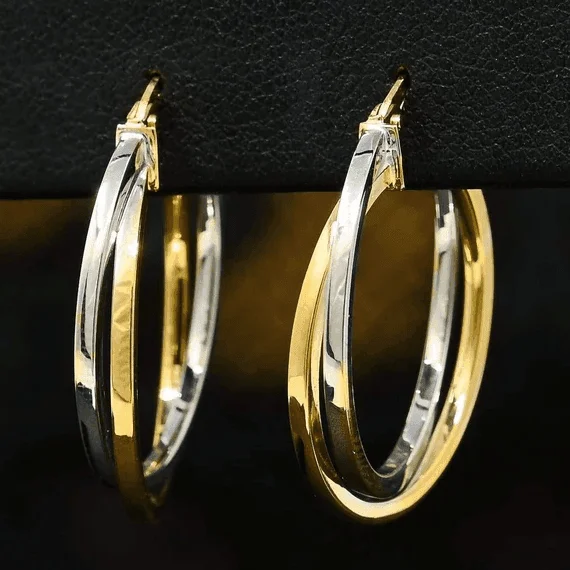 Carved design earrings-Interlaced Double Toned Earrings in 10k Yellow and White Gold