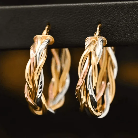 Quartz grit earrings-Interlaced Three Color Gold Earrings in 10k Gold