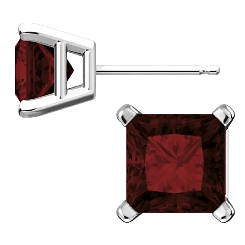 Twilight gray earrings-Sterling Silver Princess Cut Garnet Ice CZ Basket Set Stud Earrings