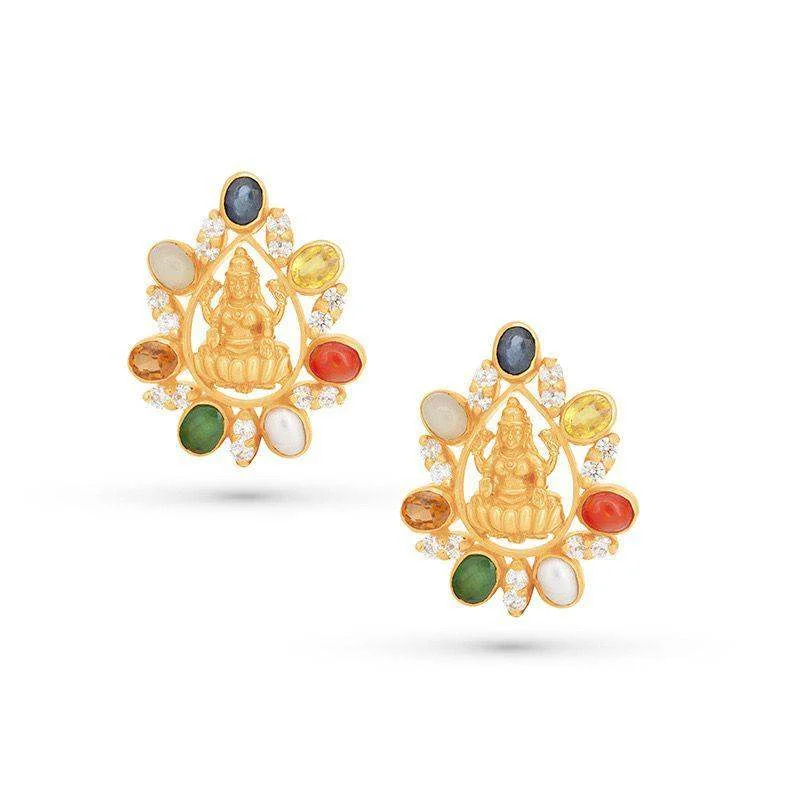 Fused grain earrings-Lakshmi Navratna Stud Earrings in 22k Gold display