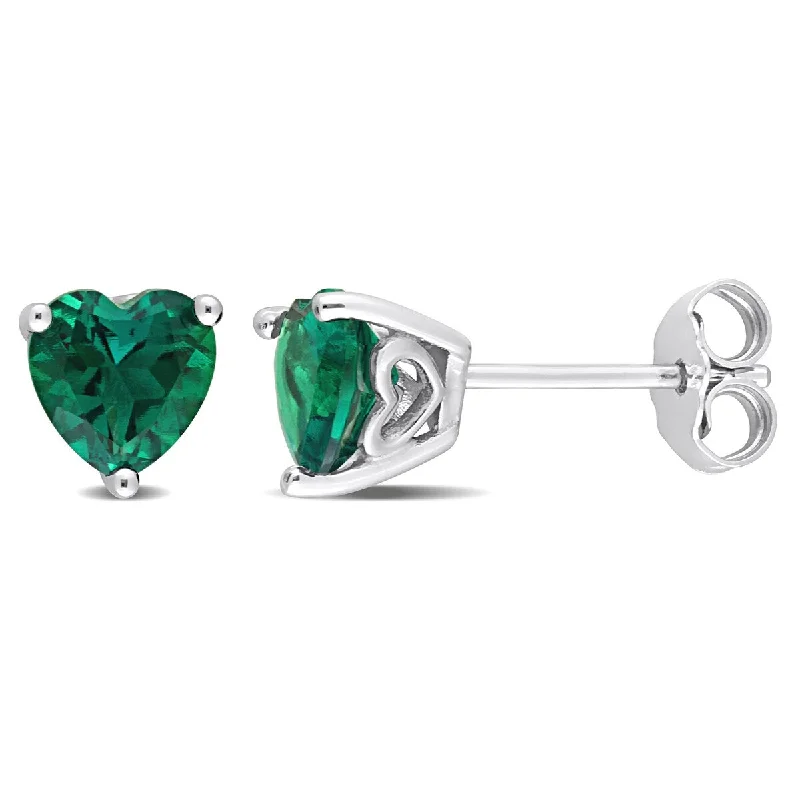 Ruffled edge earrings-Miadora 1 1/2ct TGW Heart Shape Created Emerald Stud Earrings Sterling Silver