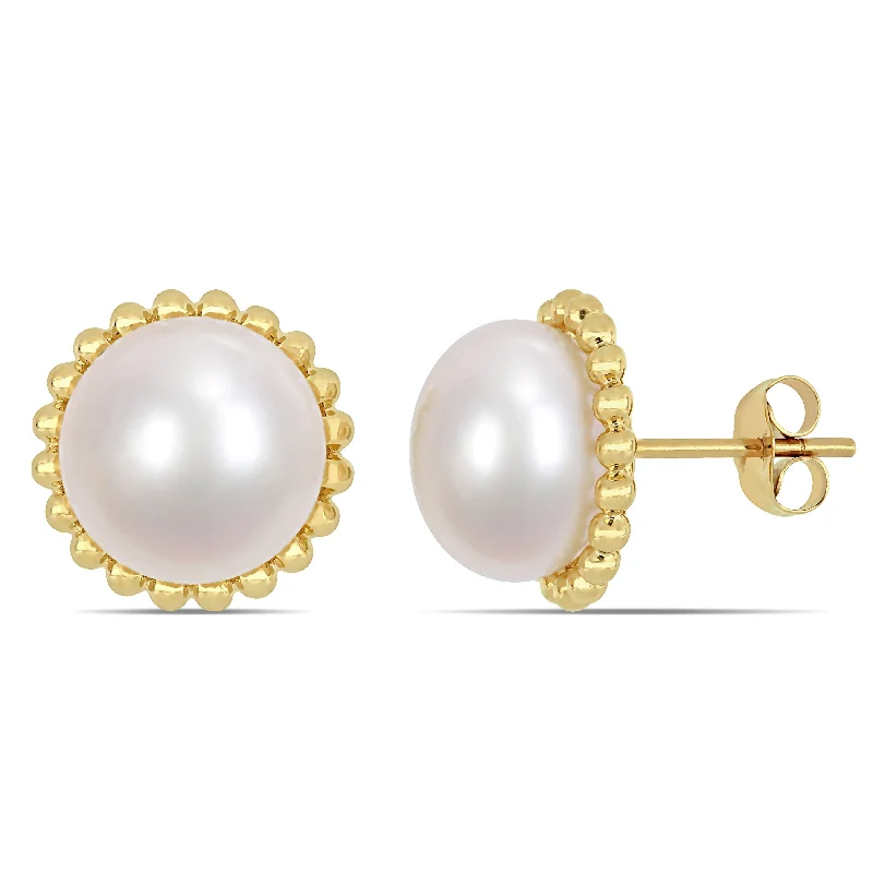 Retro mine earrings-Miadora 10.5-11mm Cultured Freshwater Pearl Halo Stud Earrings in 10k Yellow Gold