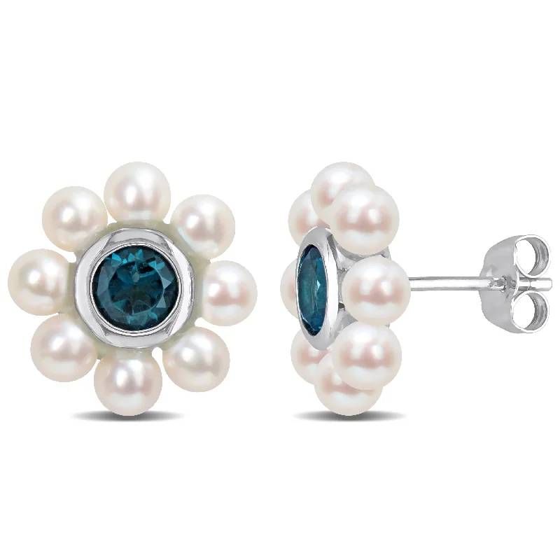 Blue tiger eye earrings-Miadora 3.5-4mm Cultured Freshwater Pearl and 1 1/8ct TGW London Blue Topaz Floral Stud Earrings in 10k White Gold