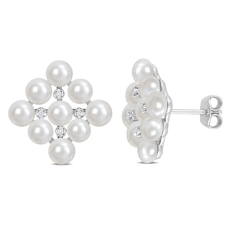 Parsley leaf earrings-Miadora 4-4.5mm Cultured Freshwater Pearl and Diamond Accent Stud Earrings in Sterling Silver