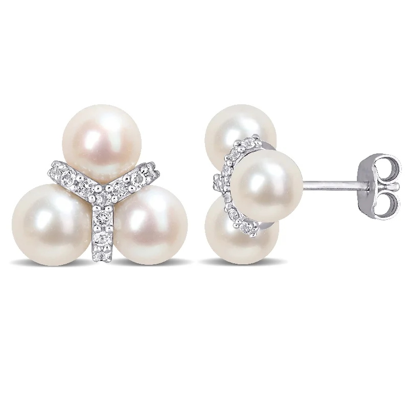 Radiant-cut sapphire earrings-Miadora 6-6.5mm Cultured Freshwater Pearl and 1/5ct TGW White Topaz Floral Stud Earrings in Sterling Silver