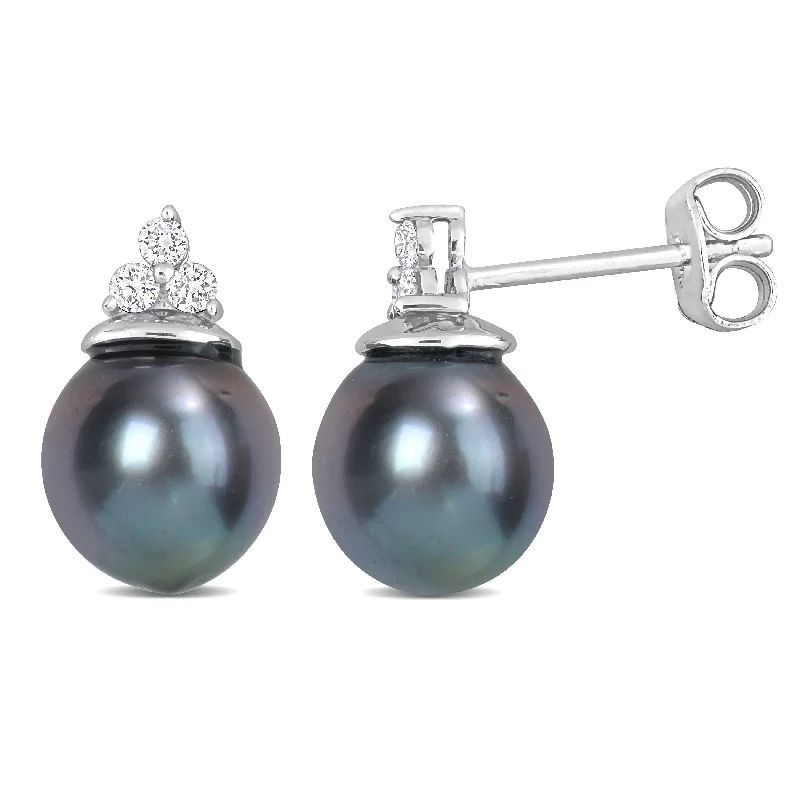 Worn edge earrings-Miadora 8-8.5mm Black Tahitian Cultured Pearl and 1/8 CT TW Diamond Stud Earrings in Sterling Silver