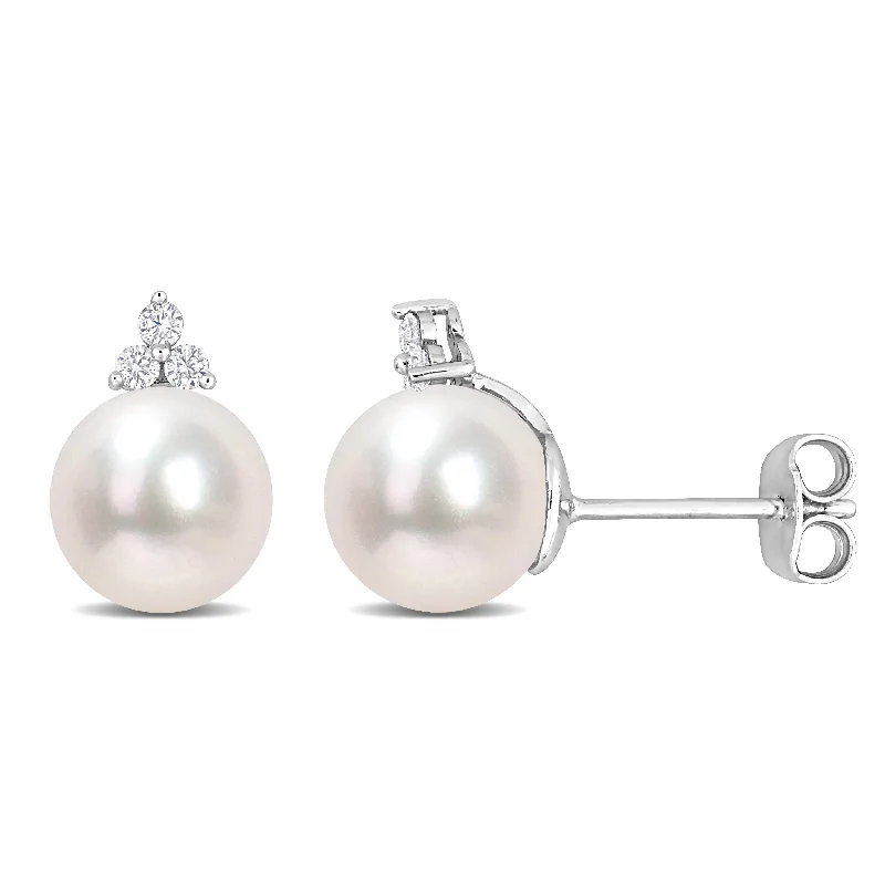 Sheen gem earrings-Miadora 8-8.5mm Cultured Freshwater Pearl and 1/8ct TDW Diamond Pearl Stud Earrings in Sterling Silver