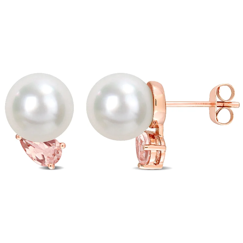 Birch grain earrings-Miadora 8-9mm South Sea Cultured Pearl and 4/5 CT TGW Morganite Stud Earrings in 14k Rose Gold