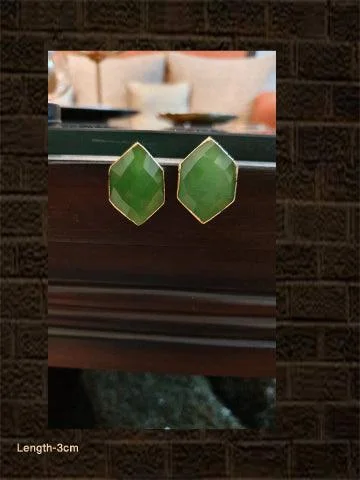 Sisal band earrings-Green stone hexagon shaped studs