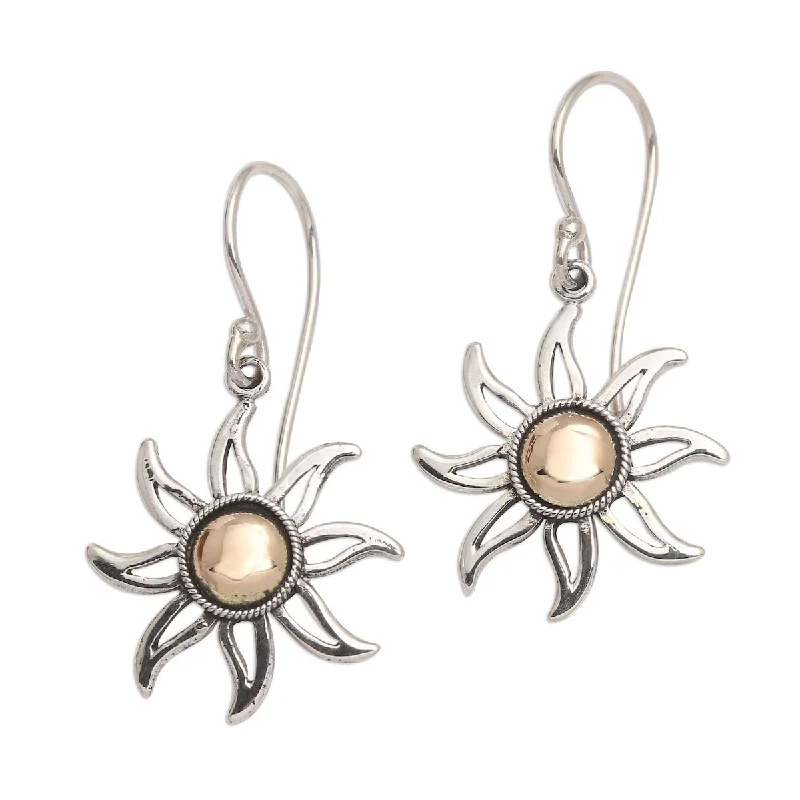 Daisy flower earrings-NOVICA Celuk Sun, Gold-accented sterling silver dangle earrings - 1.2*0.6