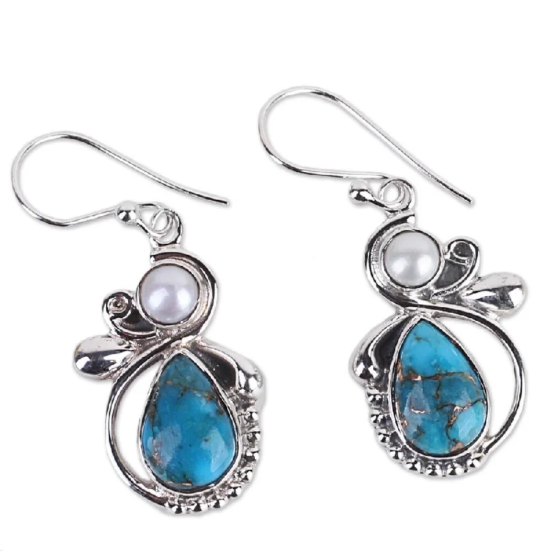 Copper hoop earrings-NOVICA Handmade Joyous Blue Sky Sterling Silver Cultured Pearl Earrings (India) - 1.6*0.6