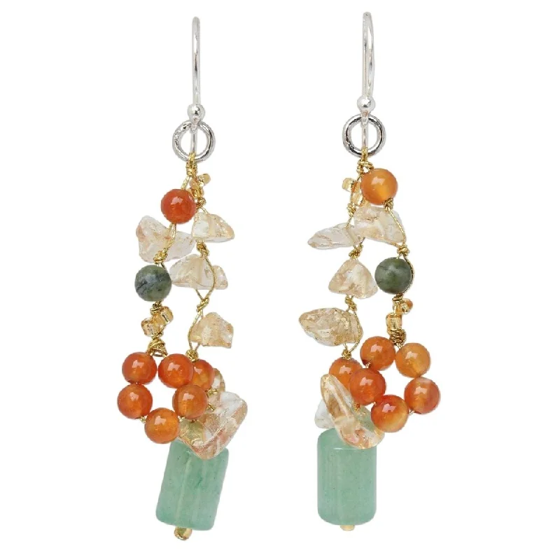 Nebula shine earrings-NOVICA Handmade Pearl and rose quartz cluster earrings Forest Love (Thailand)