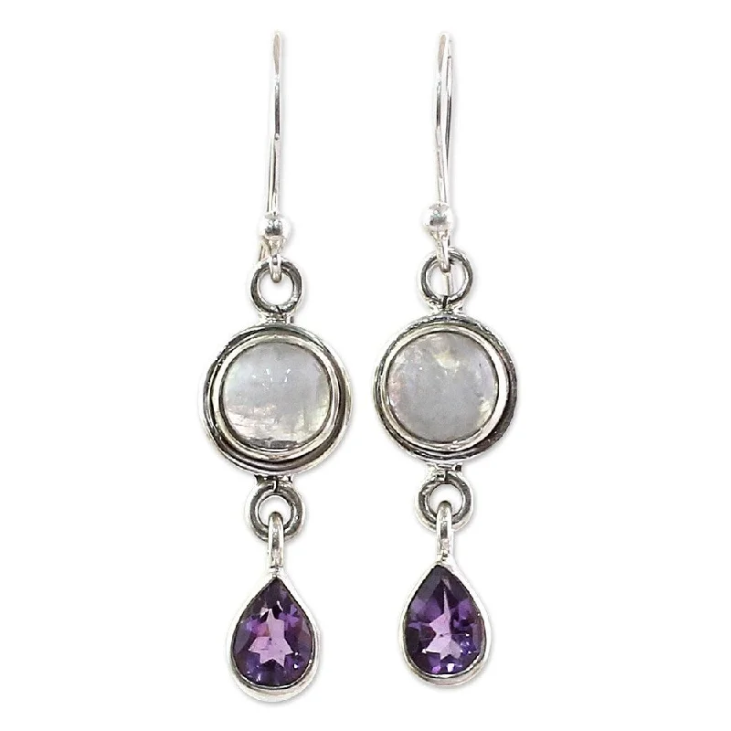 Grooved hoop earrings-NOVICA Handmade Sterling Silver Amethyst Moonstone Earrings (India) - 1.6*0.4