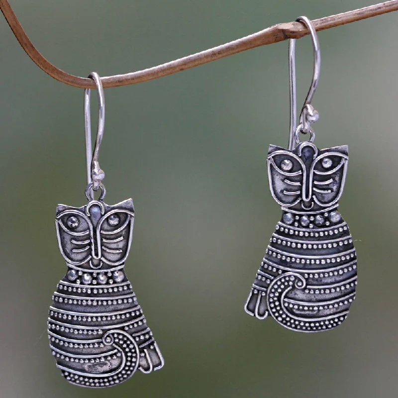 Fluke ridge earrings-NOVICA Handmade Sterling Silver 'Balinese Cat' Earrings (Indonesia)